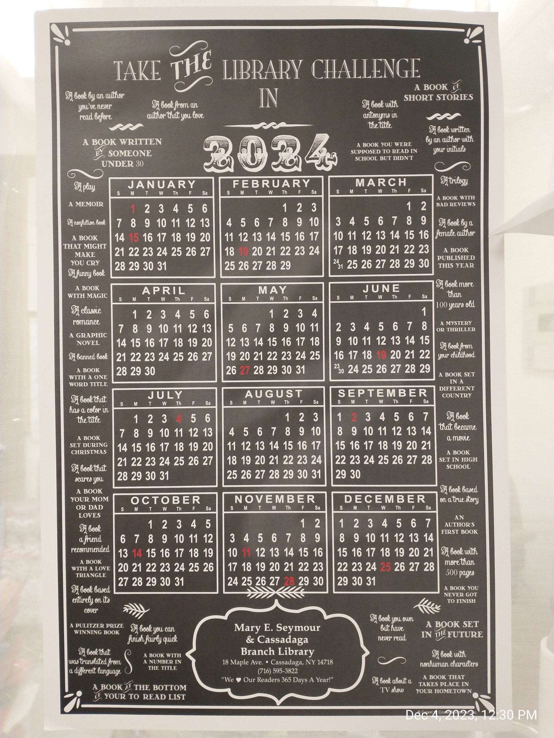 Stop By The Cassadaga Branch Library For Your FREE 2024 Library Book   2024 LIBRARY CALENDAR HANDOUT Scaled 