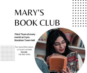 Join the Stockton, NY Library book club. The club meets every third Thursday at 3pm in the Town of Stockton, NY conference area downstairs. For more information about joining please call Connie: 716-962-4041