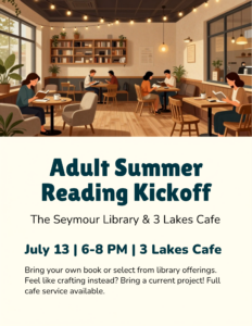 Adult summer reading kickoff flyer.