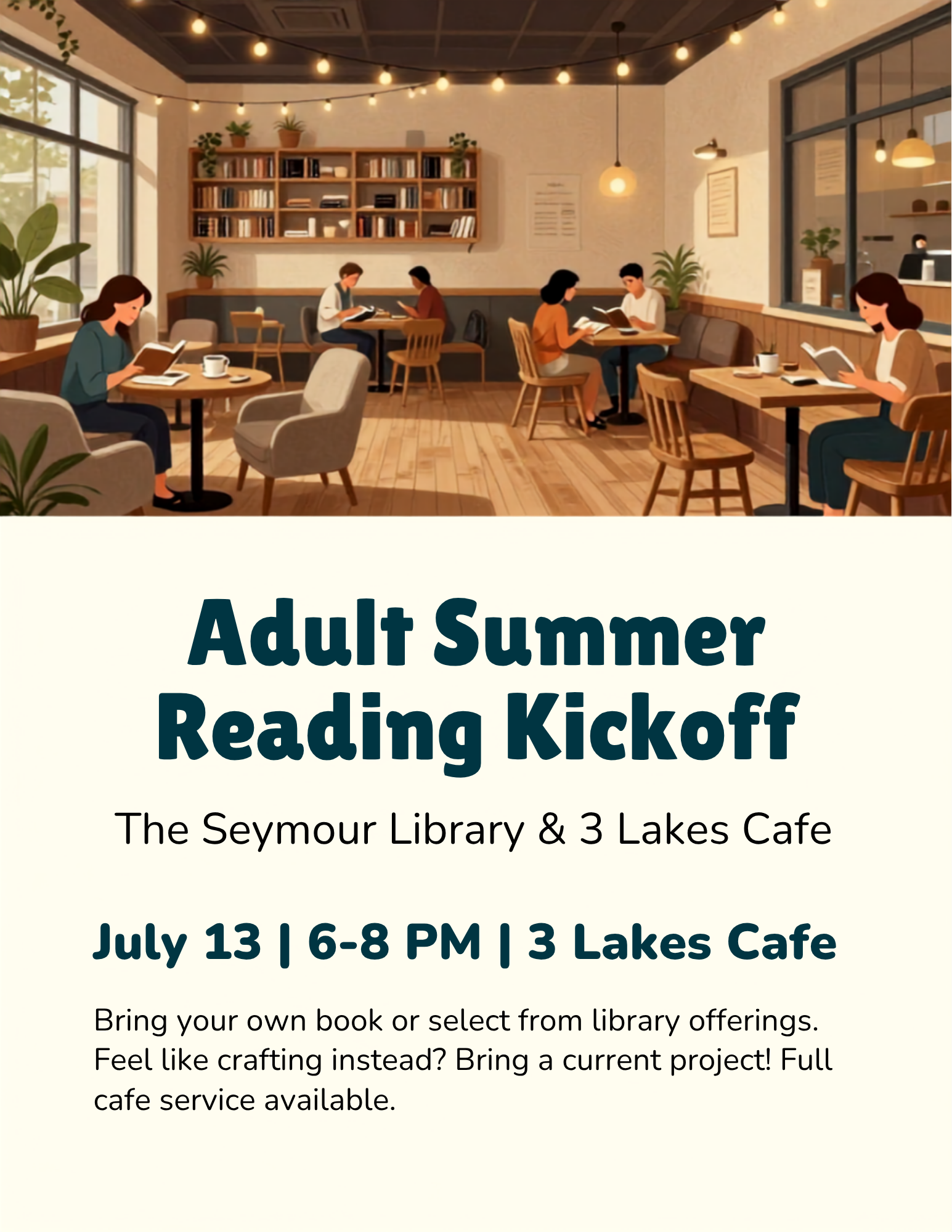 Adult summer reading kickoff flyer.