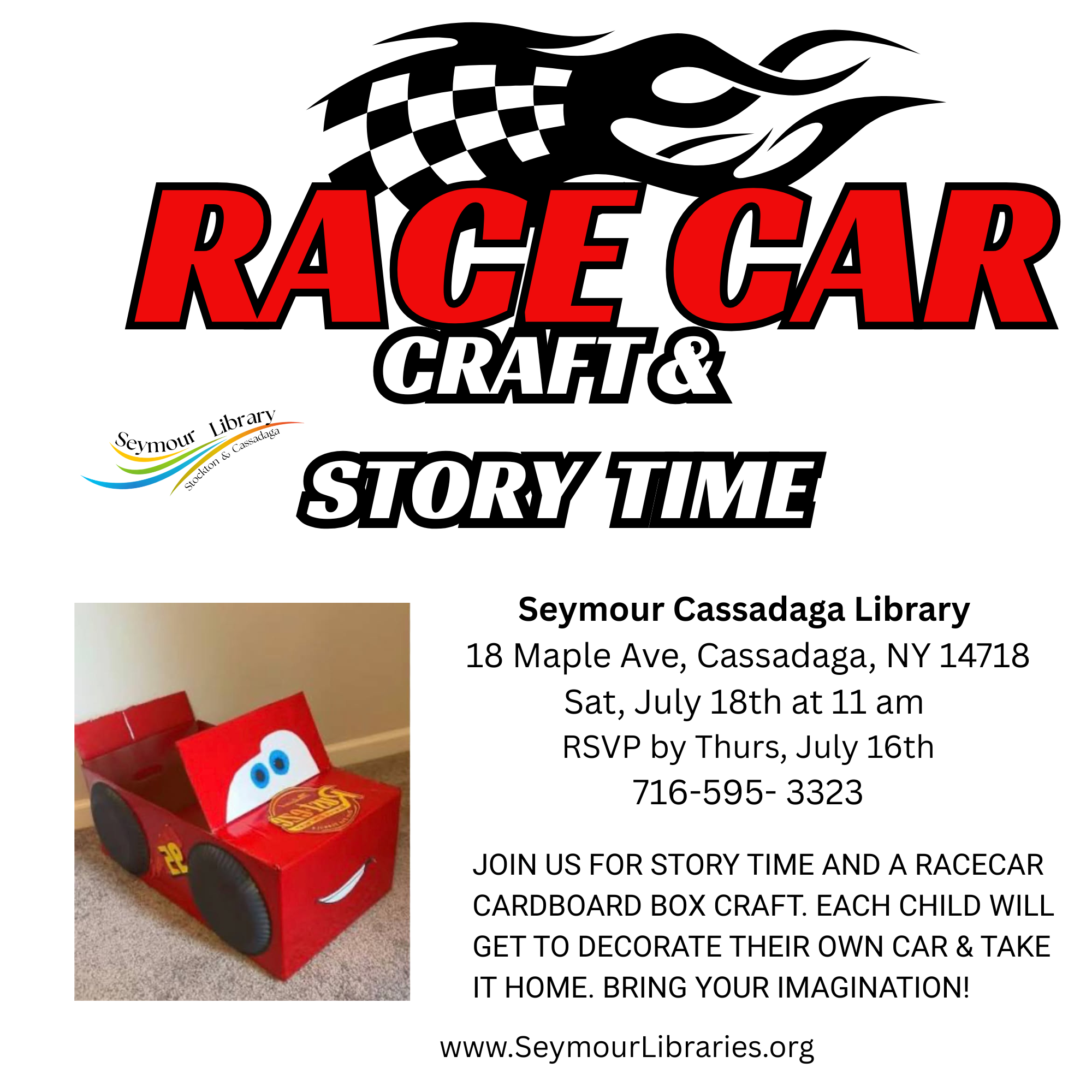 A children's event to decorate and take their own large race car box they can pretend to drive. 