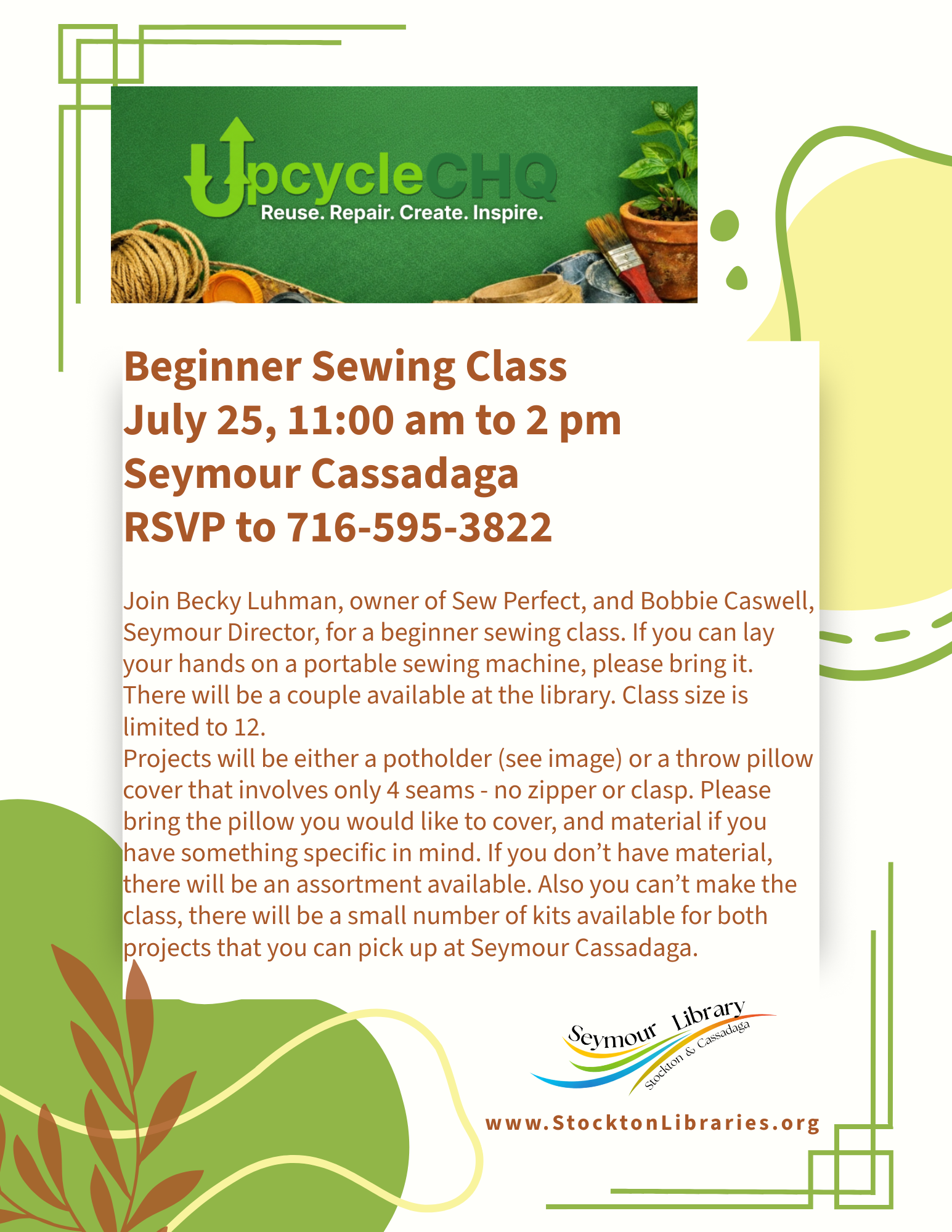 Flyer for Upcycle CHQ Beginner Sewing Class.