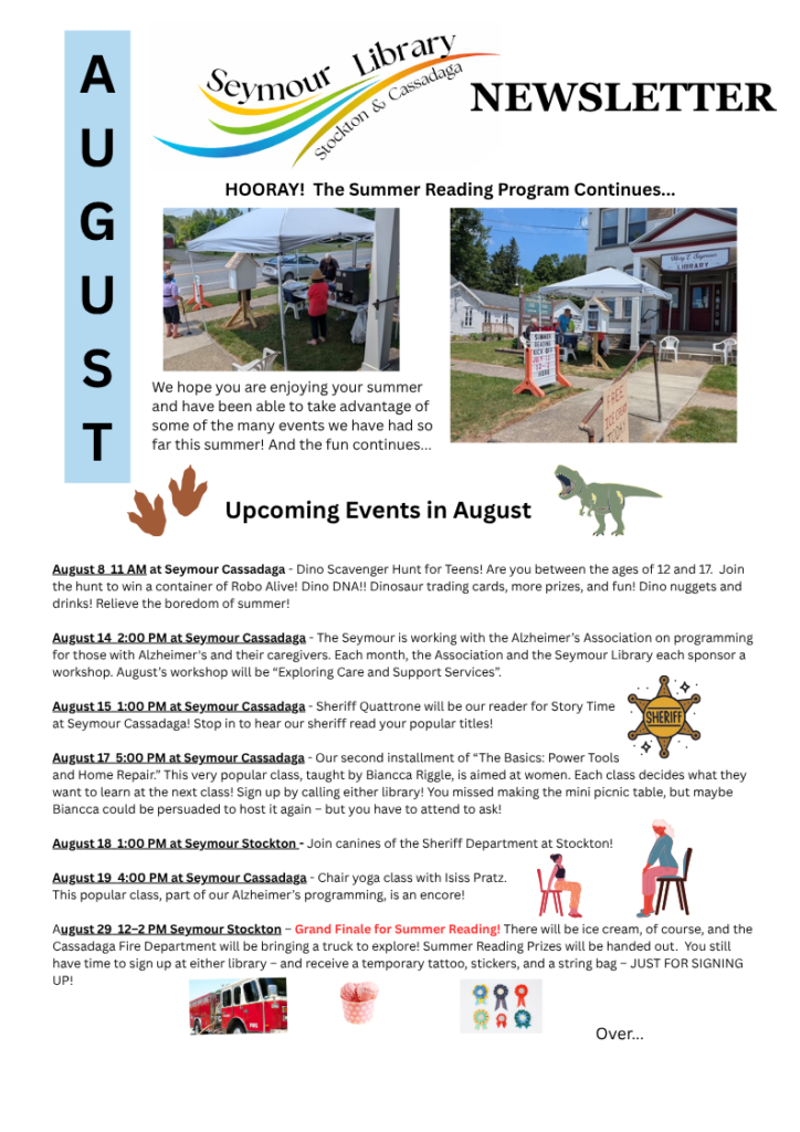 Page of of the August 2026 newsletter featuring upcoming events and pictures from our Summer Reading Kick-Off Ice Cream Social.