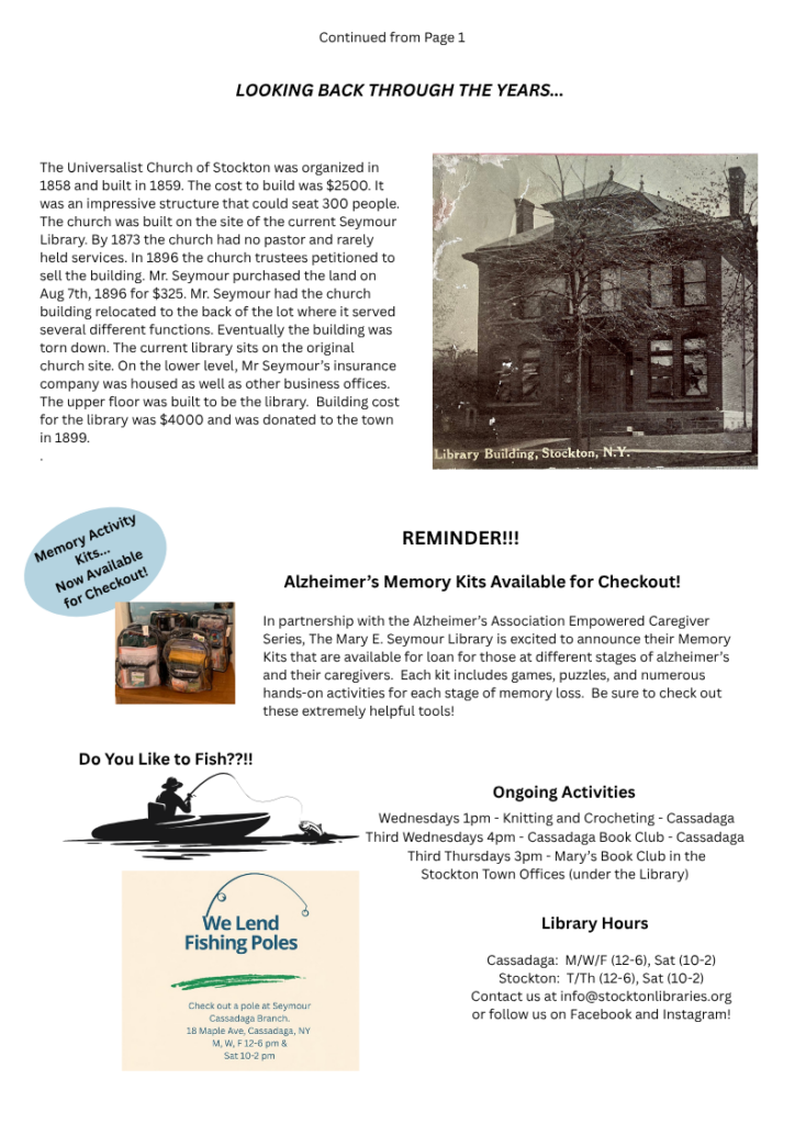 Page 2 of Aug 2026 newsletter featuring the history of the Stockton Library property.