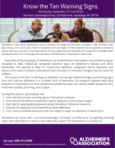 Join us at the Seymour Stockton Branch on Thurs, Sept 17th at 4:30 pm for a Alzheimer's Assoc class "Know the Ten Warning Signs". Know the 10 Warning Signs of Alzheimer’s is an Alzheimer’s Association educational program designed to help individuals recognize common signs of Alzheimer’s disease and other dementias. This session is ideal for community members, caregivers, family members, and anyone who wants to better understand when memory or behavior changes may be cause for concern. Participants will learn to distinguish between normal age related changes and warning signs that may indicate Alzheimer’s or another form of dementia. The program explains why early detection is important and how recognizing symptoms early can lead to better access to care, treatment options, planning, and support. During this session, participants will: Learn the 10 common warning signs of Alzheimer’s disease Understand the difference between typical aging and concerning changes Gain tips for approaching someone about memory or behavior concerns Explore the importance and benefits of early detection Learn about available resources and next steps through the Alzheimer’s Association