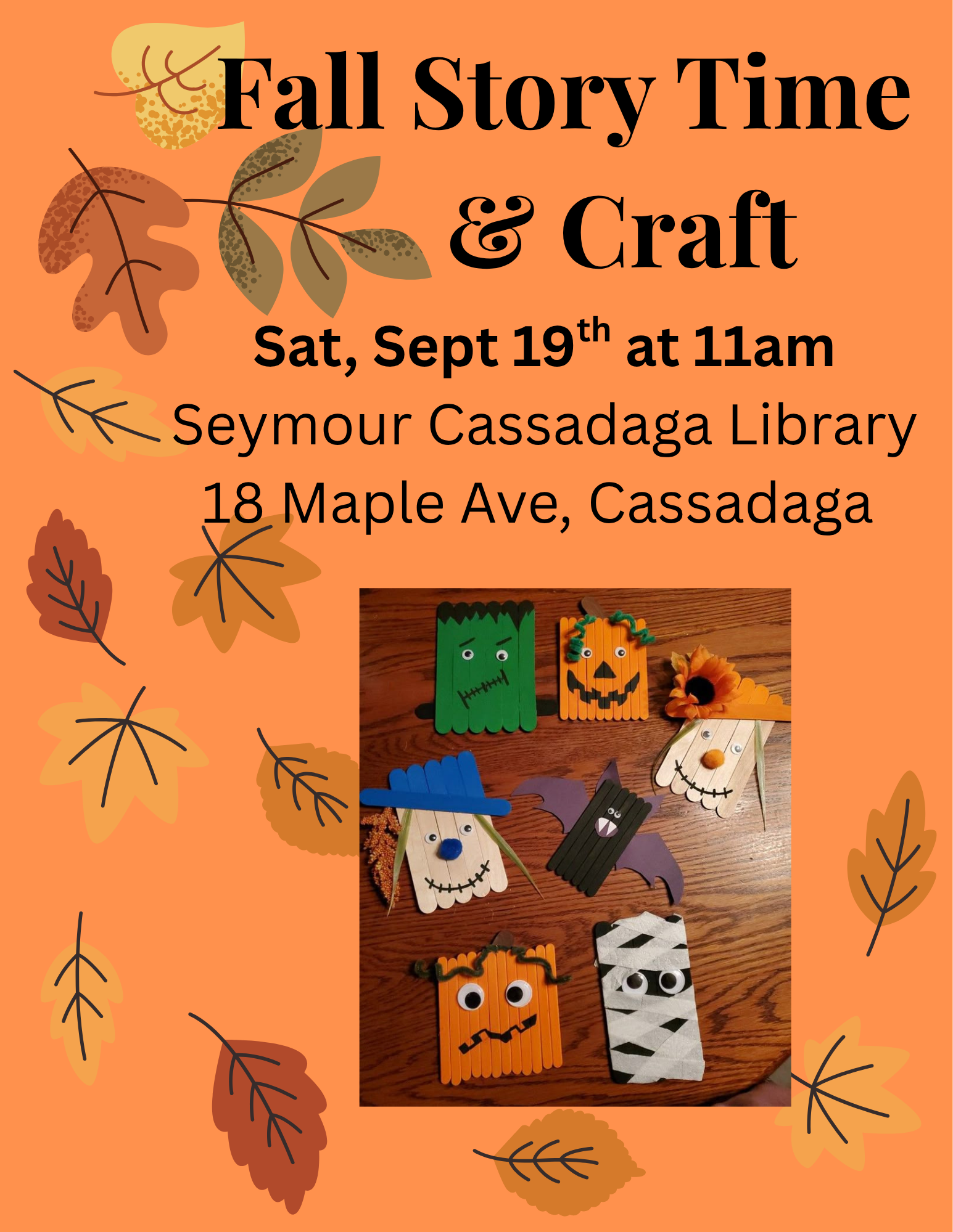 Fall Story Time & Craft flyer- Sat, Sept 19th at 11am 