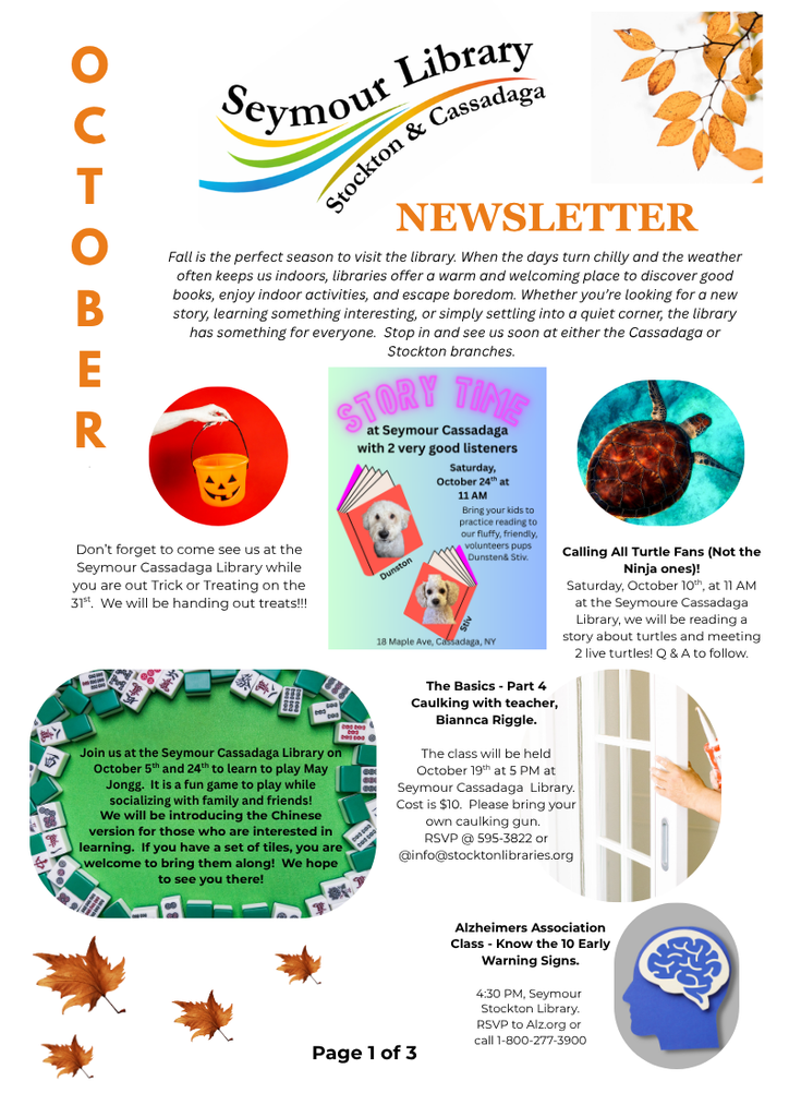 Page 1 of the Oct 2026 newsletter announcing various events going on throughout the month