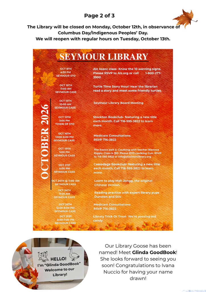 Page 2 of the Oct 2026 Newsletter announcing the naming of the library mini desk goose. The name selected was "Glinda GoodBook". There is also a graphic listing all the events for the month at both branches. 