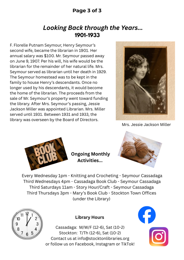 page three of the Oct 2026 Newsletter featuring a historical article on F Florelle Putnam Seymour,the second wife of founder Henry Seymour. 